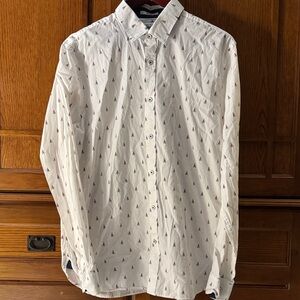 EUC Express White Nautical Sailboat Print fitted cut Preppy Button Down Shirt